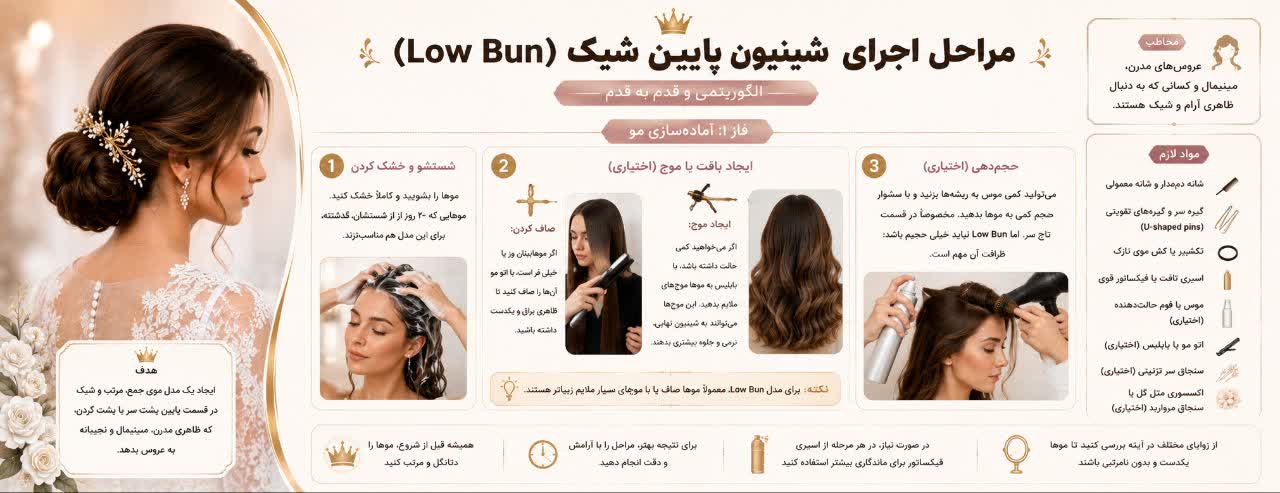 مراحل اجرای شینیون پایین شیک (Low Bun) - الگوریتمی و قدم به قدم:
